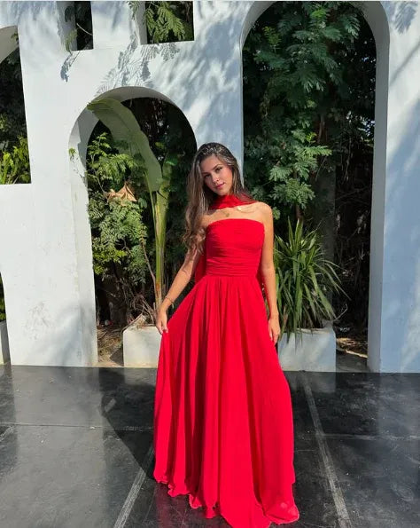 Weitese Dress Sweetheart Strapless Pretty A Line Strapless Red Chiffon Long Prom Dresses Formal Evening Dress